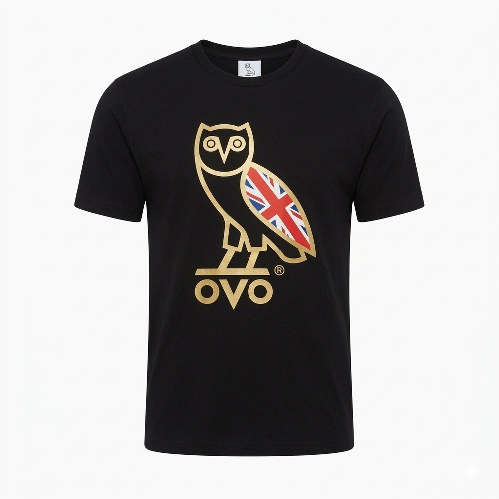 OVO Black‎ T-Shirt with Gold Owl and Union Jack Wing